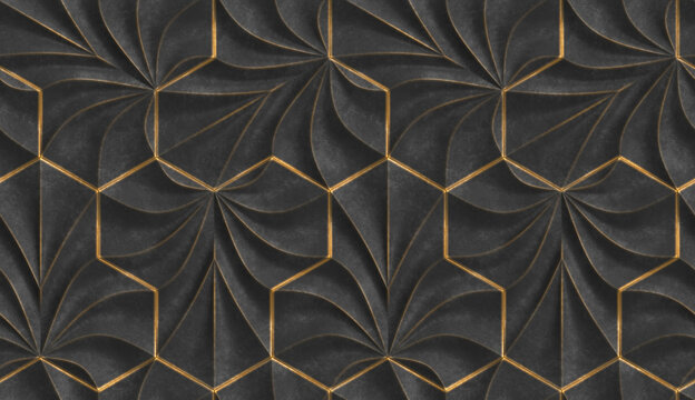 Wall Mural -  - 3D wallpaper of gray relief panels of smooth wavy forms. with worn golden edges. High quality seamless texture.