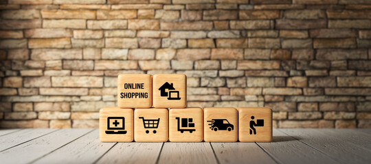 Wall Mural - cube with message ONLINE SHOPPING in front of a brick wall