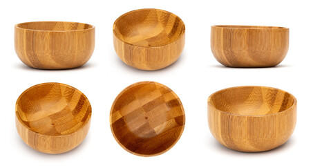 Wall Mural - Empty wooden bowls isolated on white background. Set of wood bowls. Collection.