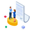 Recruitment agency workers in isometric view. HR workers recruit candidate or hire applicants. Business people sign contractual agreements. Isometric business agreement illustration.