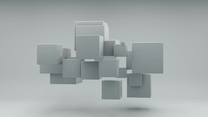 Poster - Abstract 3D animation of a white cube that splits into many small cubes in zero gravity. The cubes change size, but then the geometry and shape are restored.
