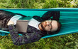 © mykolastock - Bearded hipster male reading book in hammock