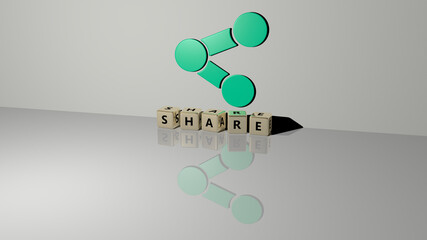 3D illustration of SHARE graphics and text made by metallic dice letters for the related meanings of the concept and presentations. business and icon