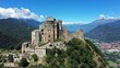 The Sacra di San Michele (Saint Michael's) Abbey, Turin, Italy, shot aerial with mountains of Susa valley in background. Aerial view