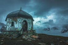Ruins Of The Mausoleum On The Top Of The Mountain Alps Austria Just Before Heavy Reain 