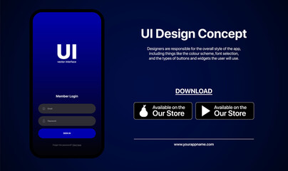 Sign In Window Interface Concept. UI Design Concept. New App Promotion. Download Buttons. App Store. Social Media Vector Illustration On Blue Gradient Background