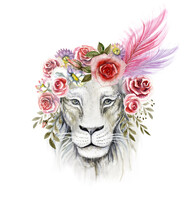 Watercolor Image Of The Crimean White Lioness In A Wreath Of Flowers
