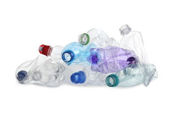 Pile of crumpled bottles isolated on white. Plastic recycling