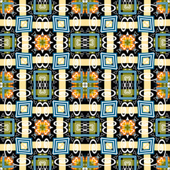 Abstract vector floral seamless pattern. Colorfull tribal background. Ethnic repeat backdrop. Plaid tartan style squares ornaments. Decorative design fo fabric, wallpapers, prints. Endless texture