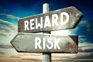 Canvas Print - Risk, reward - wooden signpost, roadsign with two arrows