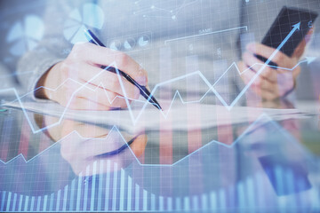 Poster - Double exposure of forex chart sketch hologram and woman holding and using a mobile device. Financial market concept.
