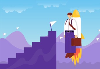 CBusinessman flying up by rocket. Color vector cartoon illustration.