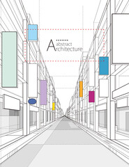 Poster - Architecture building construction perspective design,abstract modern urban street building line drawing.