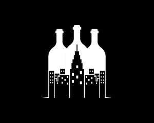 Poster - Wine bottles with city building inside