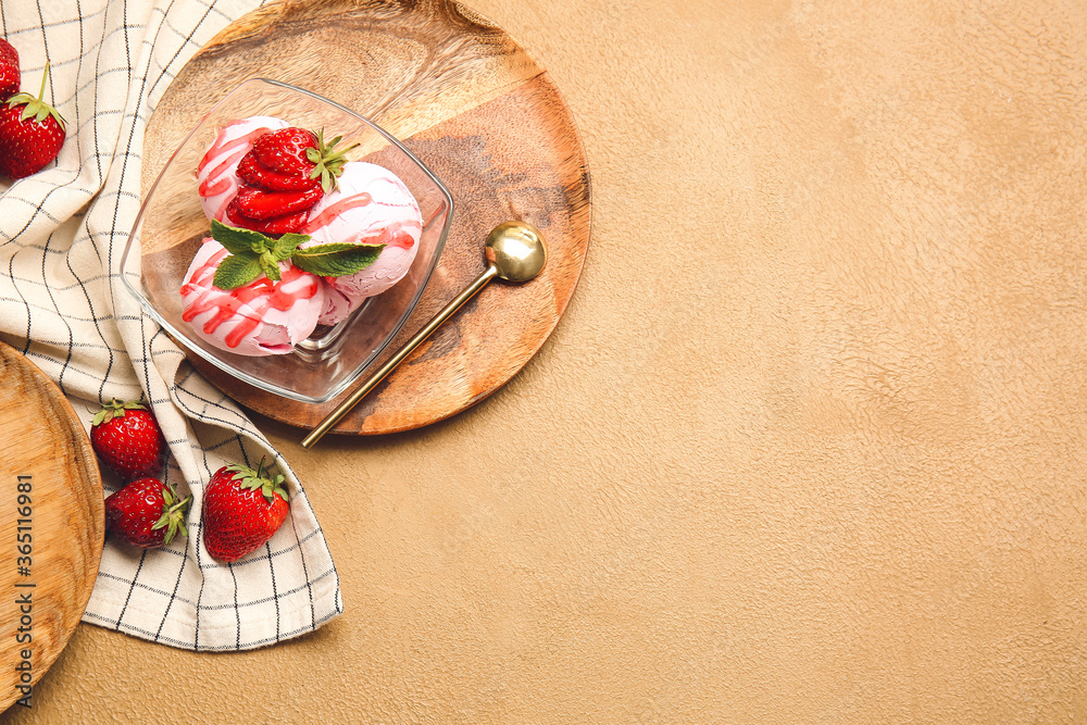 Plate with tasty strawberry ice cream on color background