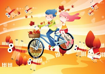 Sticker - boy and girl on bicycle in autumn season