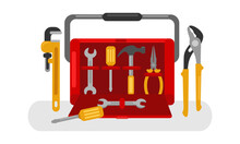 Set Of Tools With Toolbox - Vector Isolated Illustration