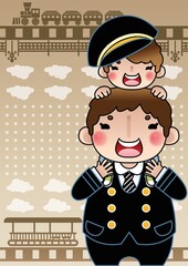 Wall Mural - cute boy sitting on stationmaster's shoulder