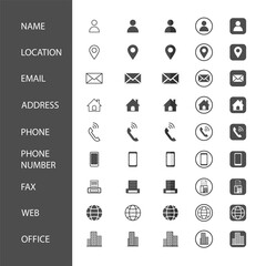 Contact icons. Set simple vector icon business for information. Symbol set illustration flat design, Name, Location, Email, Address, Phone, Phone number, Fax, Web, Office.