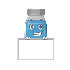 Poster - Funny cartoon design style syrup medicine standing behind a board