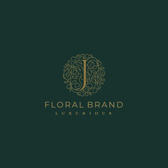 Wall Mural - Letter J Circle Floral Botanical Leaf Logo Design
