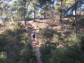 Young woman hiker in walks in green spring or summer forest