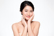 © kitthanes  - close up Beautiful Young asian Woman touching her clean face with fresh Healthy Skin, isolated on white background, Beauty Cosmetics and Facial treatment Concept