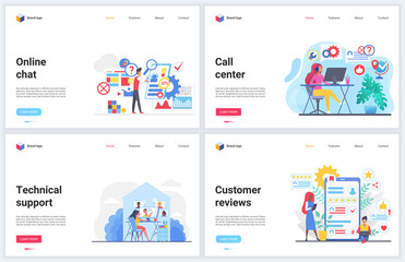 Fototapete - Customer support, help call center vector illustrations. Cartoon flat concept banners, interface website design with consultant hotline online chat, professional supporter answering helpdesk service