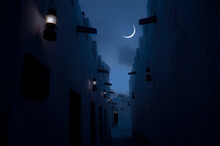 Beautiful View Of Crescent Through A Narrow Passage Of An Old Islamic Architecture. An Eid Moon Sighting Image.