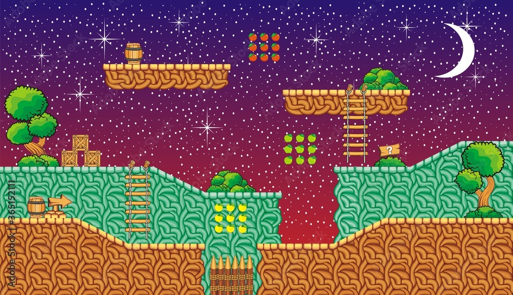 Tileset Platform for creating Game - A set of layered vector game asset, 
contains background, ground tiles and several items, objects, decorations,
used for creating mobile games