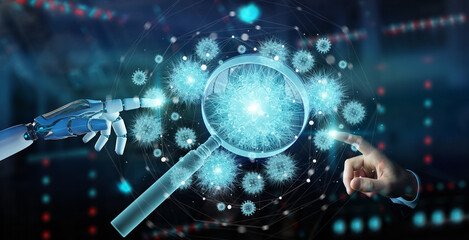 Poster - Robot analyzing holographic cell projection through magnifying glass 3D rendering
