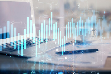 Aufkleber - Forex graph hologram on table with computer background. Double exposure. Concept of financial markets.