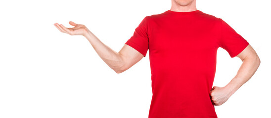 Canvas Print - Front view of man in red t-shirt hold something on palm isolated white