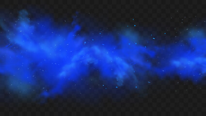 blue smoke isolated on dark transparent background. realistic blue magic mist cloud, chemical toxic 