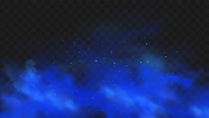blue smoke isolated on dark transparent background. realistic blue magic mist cloud, chemical toxic 