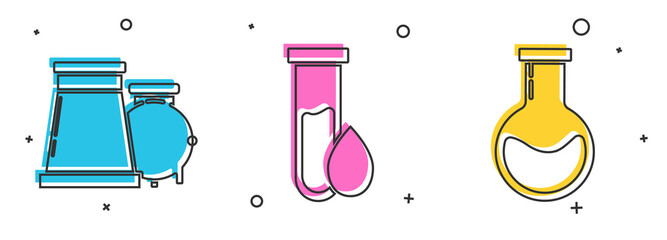 Set Oil and gas industrial factory building, Oil petrol test tube and Test tube and flask icon. Vector.