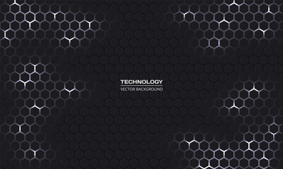Poster - Dark technology hexagonal vector background. Abstract white bright energy flashes under hexagon in dark technology modern futuristic background. Gray and white honeycomb texture grid.
