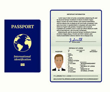 Passport. Vector Illustration. Cover And Identity Pages. Document Template Isolated On White. Passport Pages With Sample Data, Photo And Signature. Concept Of Tourism Or Personal Data Verification.