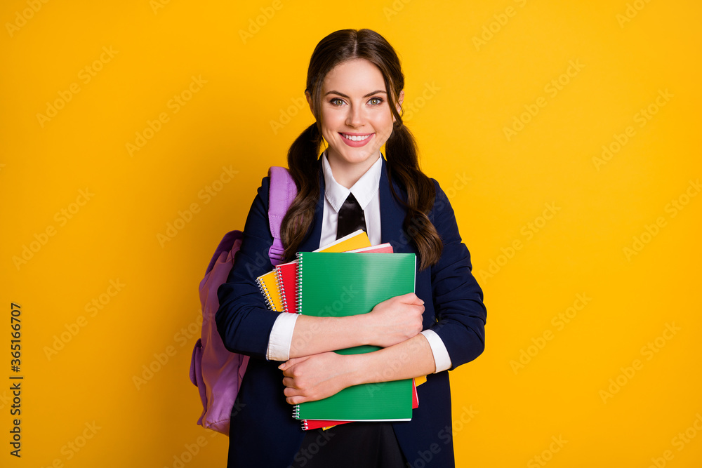 Portrait of positive high school student girl hold note book ready ...