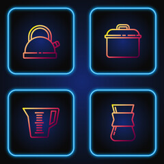 Sticker - Set line Coffee turk, Measuring cup, Kettle with handle and Cooking pot. Gradient color icons. Vector.