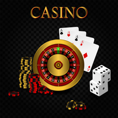 Casino poker design template. Falling poker cards and chips game concept. Casino roulette