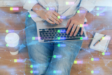 Aufkleber - Multi exposure of data internet theme hologram with man working on computer on background. Concept of innovation.