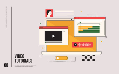Video manual for online training and seminars and computer courses. Education for everyone. Distance learning. Laptop monitor with open windows of players. Video tutorials. Flat vector illustration.