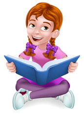 Sticker - A girl child kid cartoon character reading a book