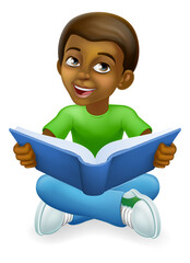 A black boy child kid cartoon character reading a book