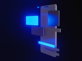 3d render of phone with ui ux blocks. app development. 