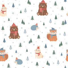 Wall Mural - Vector seamless pattern with cute forest animals, fox, bear, rabbit, hedgehog. Scandinavian style illustration, winter Christmas background