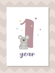 Wall Mural - Cute baby month anniversary card with koala, one year, vector illustration