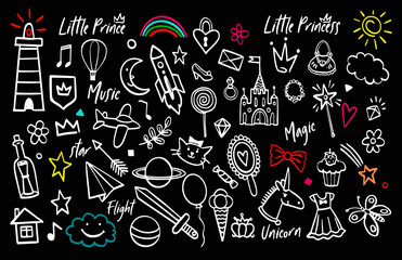 princess and prince chalk doodle sketch set. collection of hand drawn outline symbols. cute magic cr