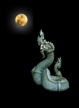 Naga Head The King Of Sneak Serpent Statue With Fullmoon On Black Background, Phayanak Or Naga Statue In Thailand